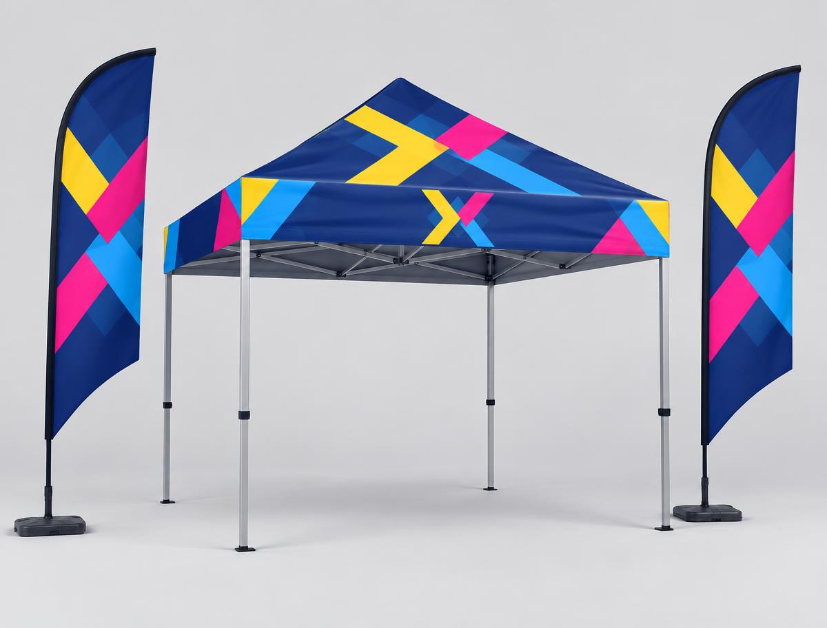 Complete Banner Box Market Day Kit with branded gazebo and flags