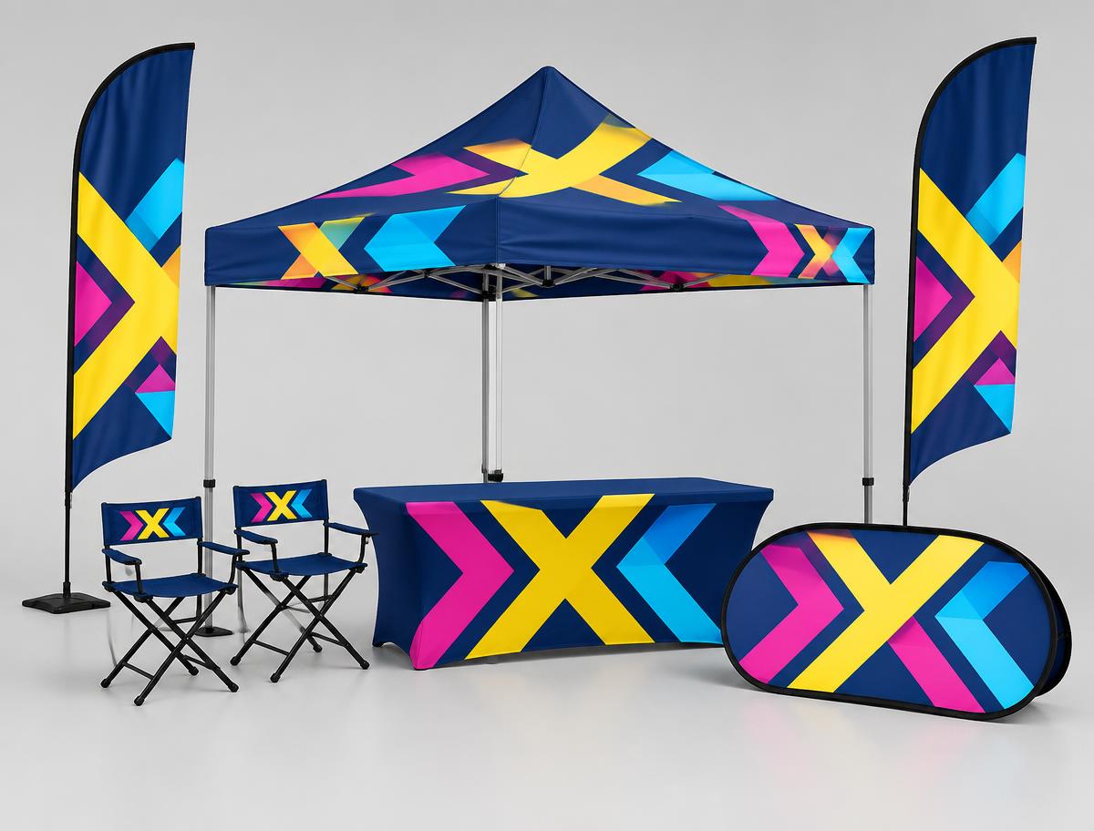 Ultimate Market Kit with branded gazebo, telescopic flags, tablecloth and director's chairs